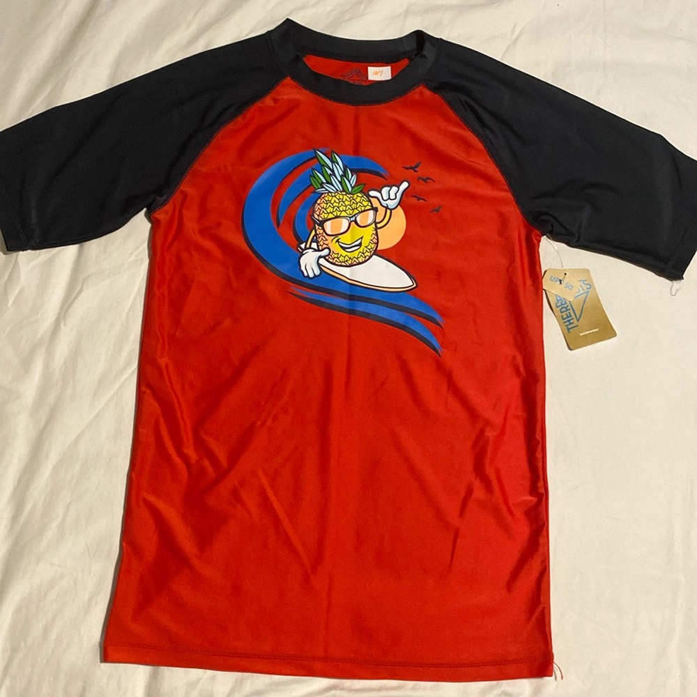 THERE ABOUTS ~ Boys XL Swim Short Sleeve Shirt  ~ UPF 50 ~ Red/Navy Blue